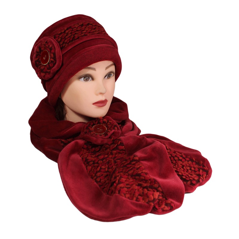 Ensemble bonnet/tour de cou femme, tricot doublé polaire, rouge